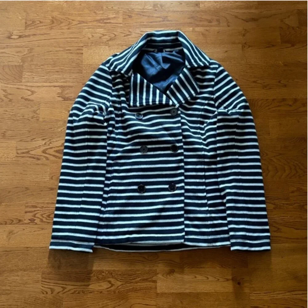 Lands End Women Fleece Jacket Pea Coat Navy Blue White Stripe S Double Breasted - Picture 4 of 4